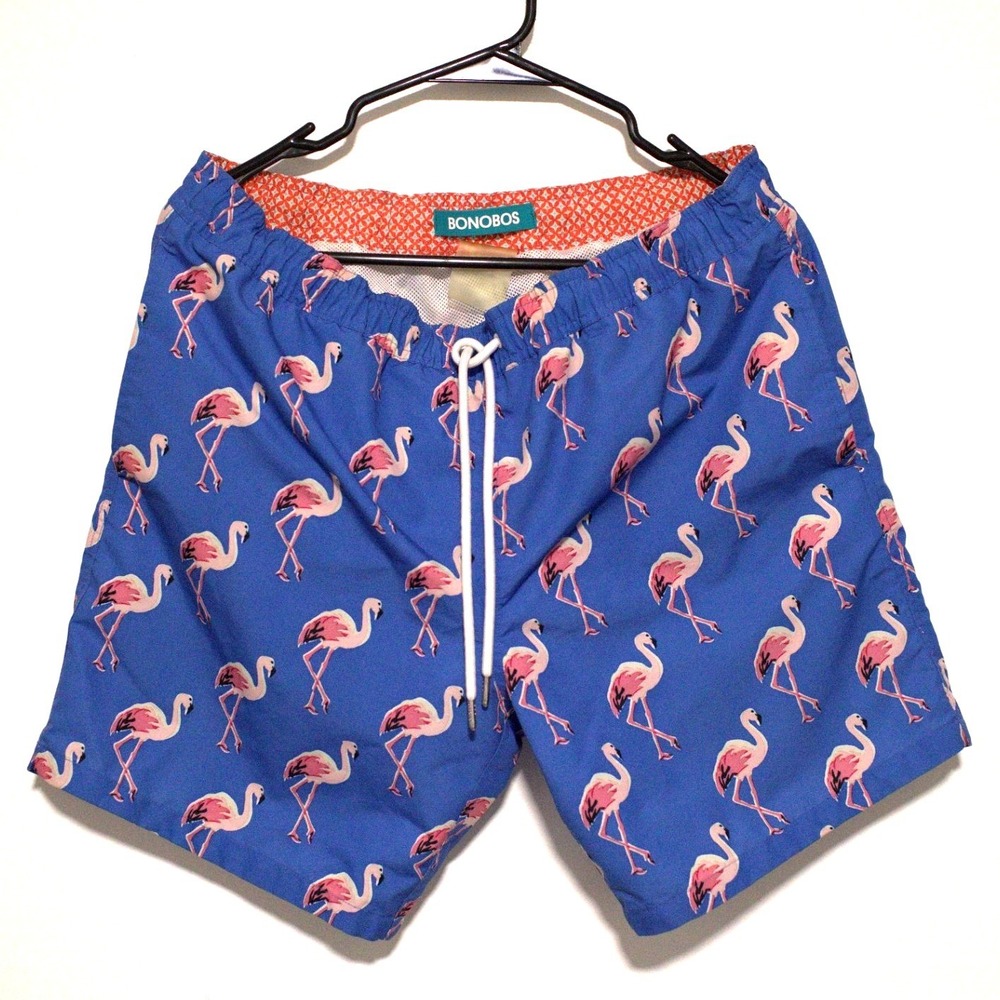 Bonobos Mens Blue Flamingo Print Swim Trunks Mesh Lined Drawstring Shorts